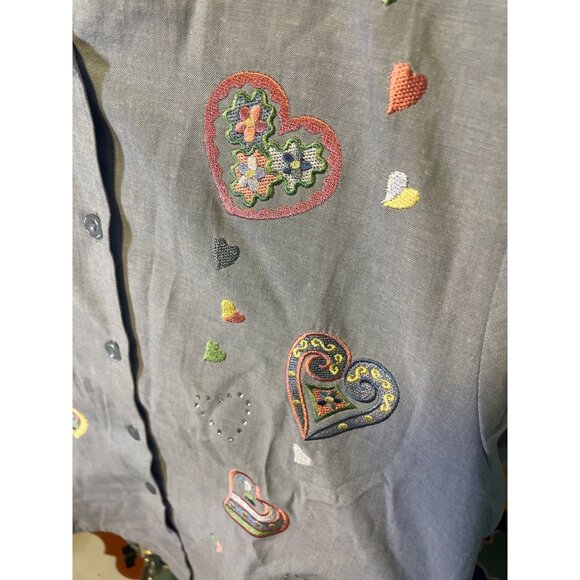 BonWorth Blue Short Sleeve Heart Embroidered Button Up Blouse Top SZ Small - Picture 4 of 7